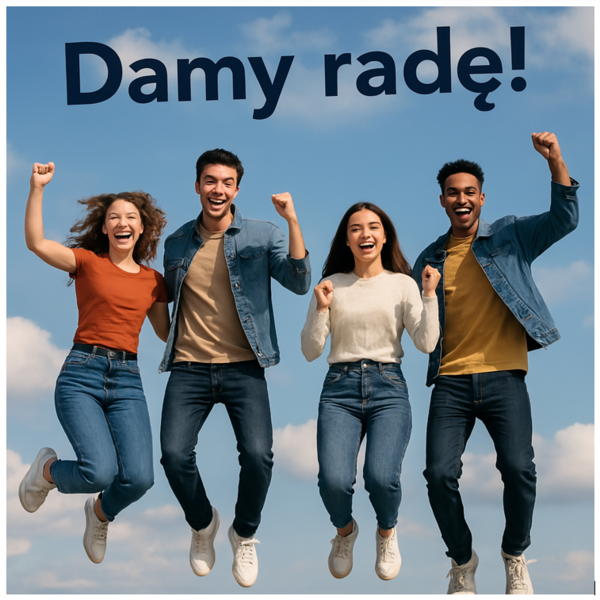 Grafika - czworo młodych ludzi z napisem "damy radę" Grafika - czworo młodych ludzi z napisem "damy radę"