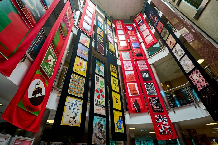 Ribbons with posters which were hung in the hall of the University of Lodz Library